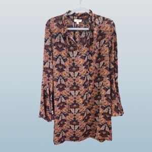 UMGEE BROWN FLORAL DRESS W/TIE NECK AND BELL SLEEVES - SIZE LARGE